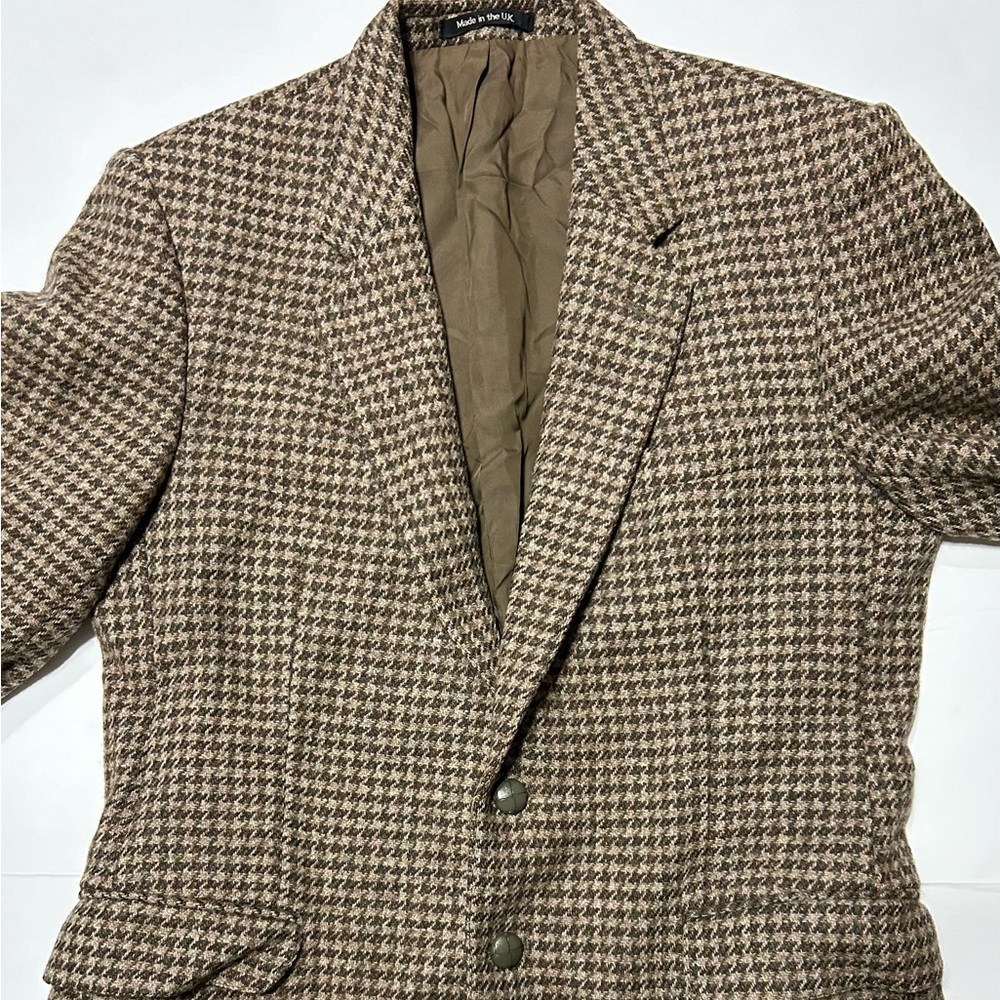 VTG Harris Tweed Blazer Jacket 40 Short Tan Brown Scottish Wool Herringbone
